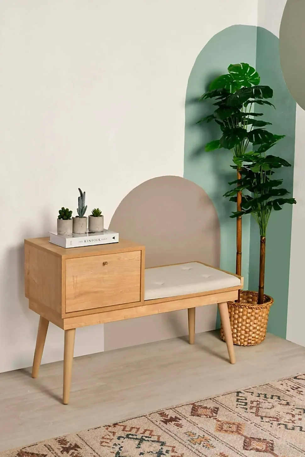 Banc Asolo, Banc polyvalent, Sièges pour les invités, Coffre multifonctionnel, 40x105h45 cm, Chêne et Crème