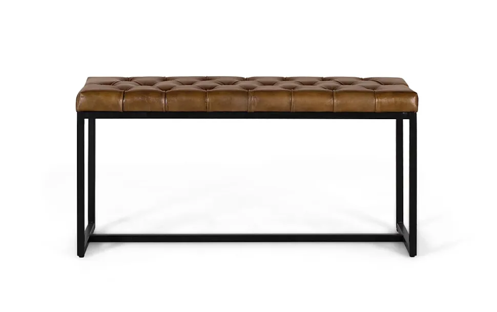 Banc avec assise rembourrée en cuir et pieds en fer