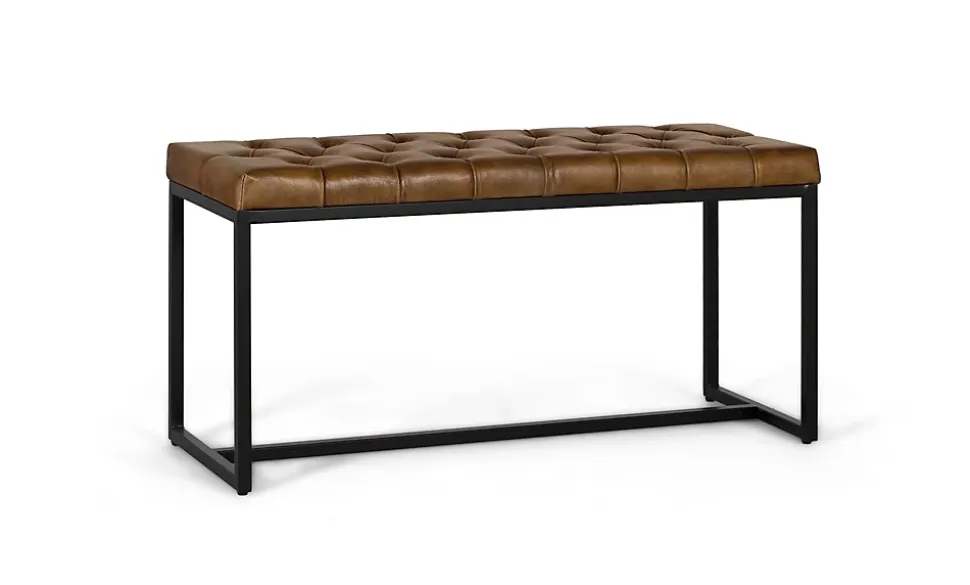 Banc avec assise rembourrée en cuir et pieds en fer