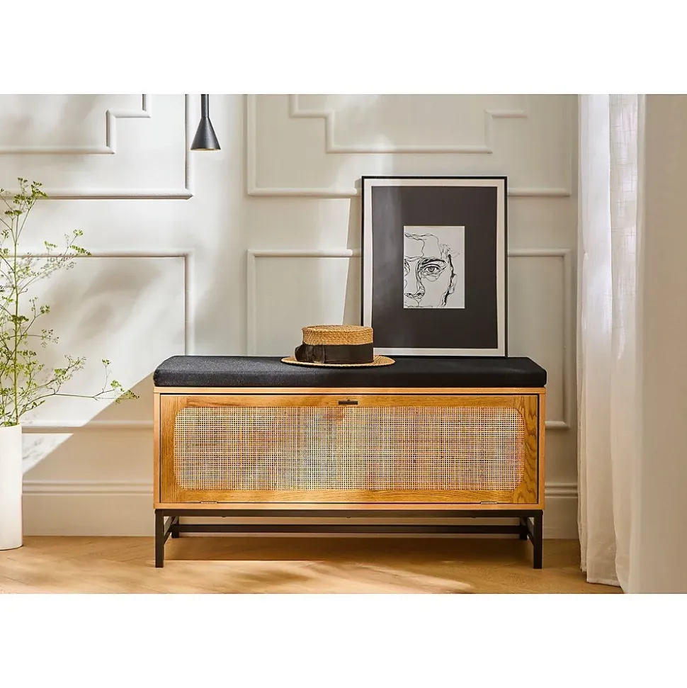 Banc avec Rangement Chaussures et Façade en Rotin L100 cm - JAYA