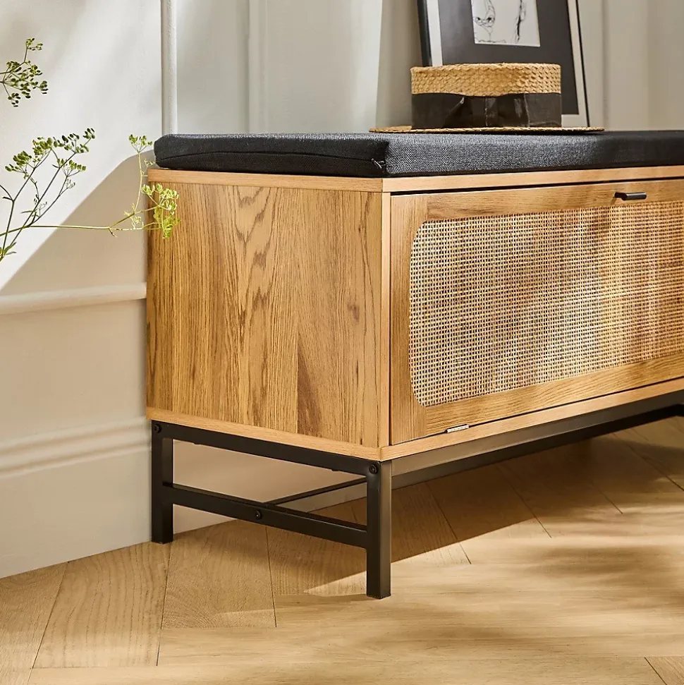 Banc avec Rangement Chaussures et Façade en Rotin L100 cm - JAYA