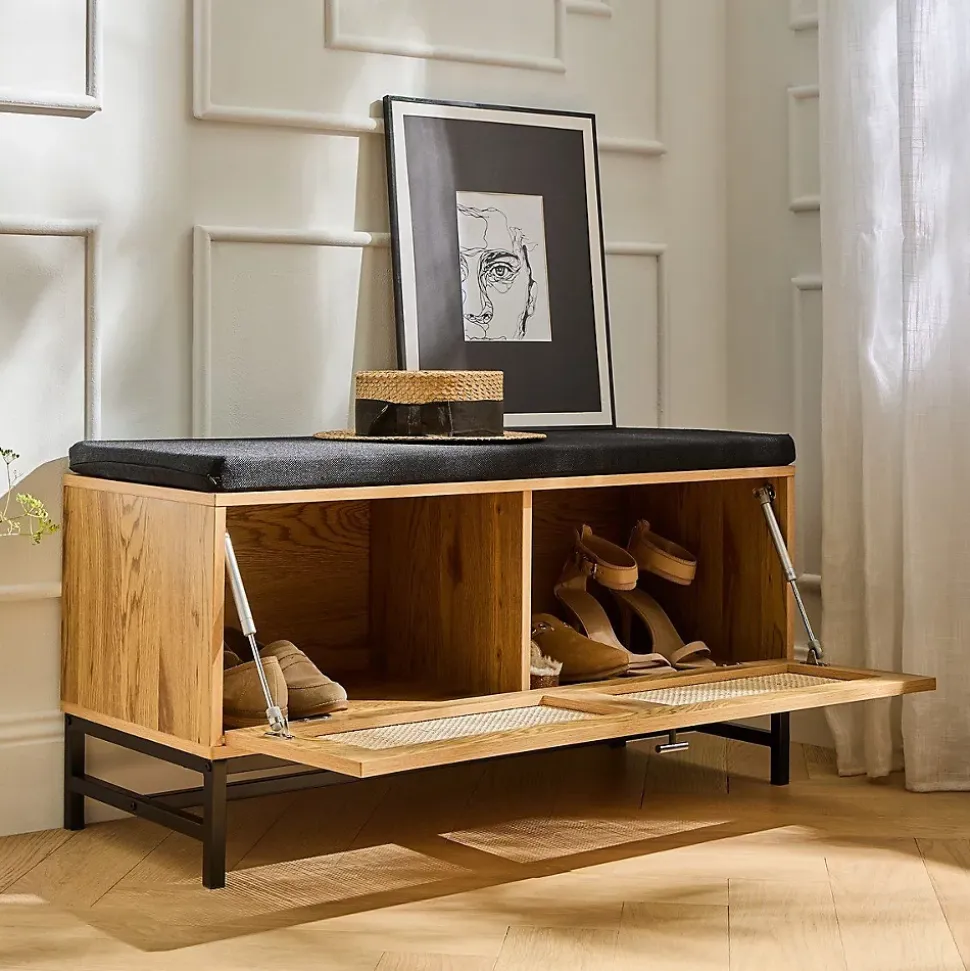 Banc avec Rangement Chaussures et Façade en Rotin L100 cm - JAYA
