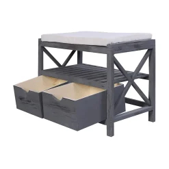 Banc Banquette Assise 2 Tiroirs Bois Gris Shabby Chic 43x65x34