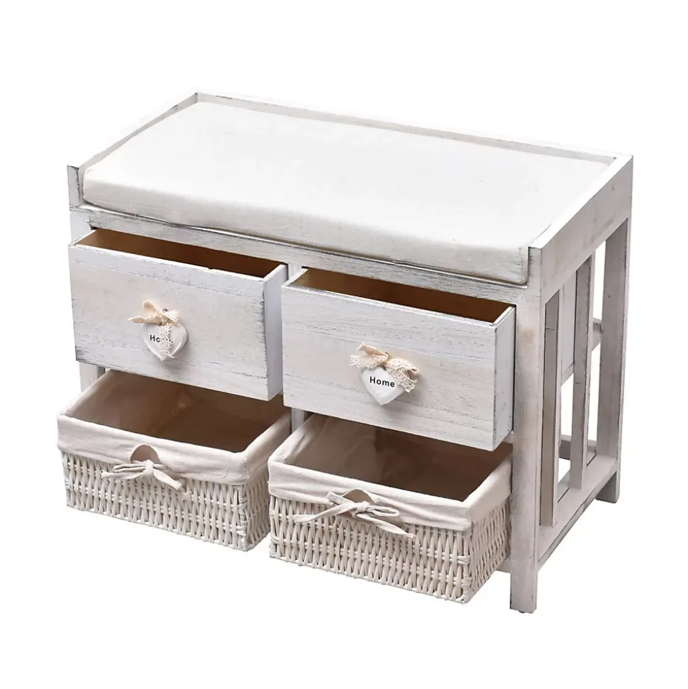 Banc Banquette Assise 2 Tiroirs Bois Blanc Shabby 46x60x30