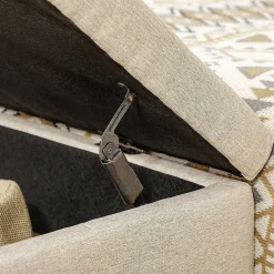 Banc banquette coffre de rangement 2 en 1 piètement acier doré assise capitonnée tissu beige