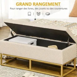 Banc banquette coffre de rangement 2 en 1 piètement acier doré assise capitonnée tissu beige
