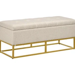 Banc banquette coffre de rangement 2 en 1 piètement acier doré assise capitonnée tissu beige