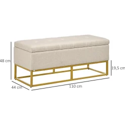 Banc banquette coffre de rangement 2 en 1 piètement acier doré assise capitonnée tissu beige