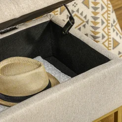 Banc banquette coffre de rangement 2 en 1 piètement acier doré assise capitonnée tissu beige
