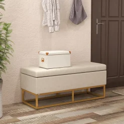 Banc banquette coffre de rangement 2 en 1 piètement acier doré assise capitonnée tissu beige