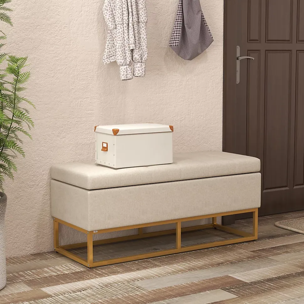 Banc banquette coffre de rangement 2 en 1 piètement acier doré assise capitonnée tissu beige