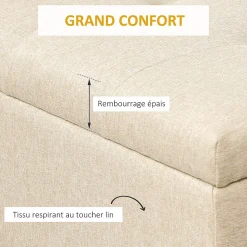 Banc banquette coffre de rangement 2 en 1 piètement acier doré assise capitonnée tissu beige