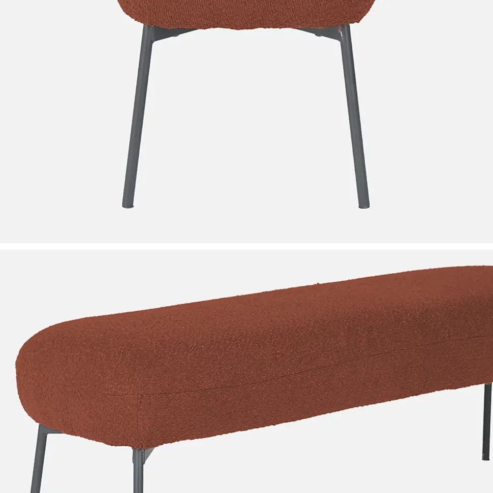 Banc. bout de lit avec revêtement bouclette texturée. rouille. pieds en métal noir. L 120 x P 41 x H 42.5cm