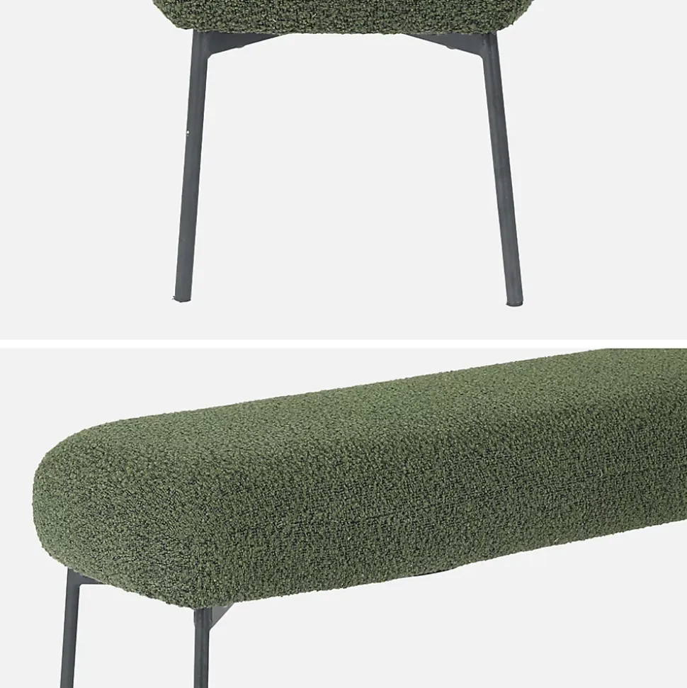 Banc. bout de lit avec revêtement bouclette texturée. kaki. pieds en métal noir. L 120 x P 41 x H 42.5cm