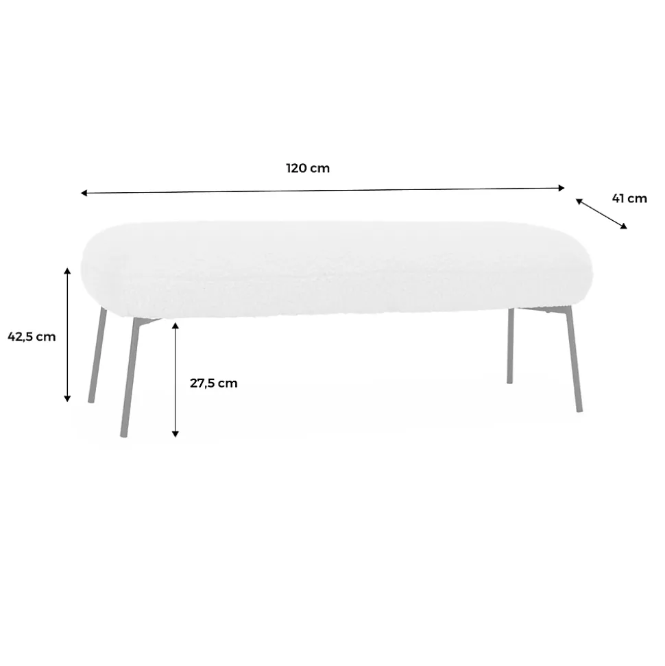 Banc. bout de lit avec revêtement bouclette texturée. kaki. pieds en métal noir. L 120 x P 41 x H 42.5cm