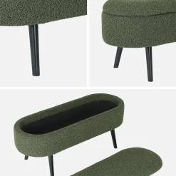 Banc coffre. bout de lit avec revêtement bouclette texturée. kaki. pieds en bois noir. L 112 x 44 x 50cm