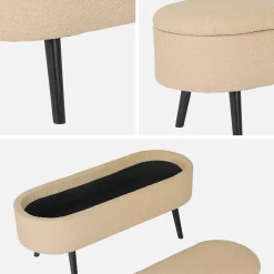Banc coffre. bout de lit avec revêtement bouclette texturée. beige. pieds en bois noir. L 112 x 44 x 50cm