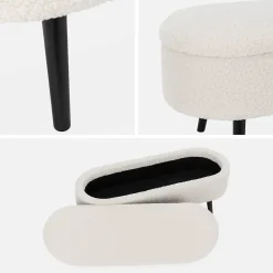 Banc coffre. bout de lit avec revêtement bouclette. écru. pieds en bois noir. L 112 x 44 x 50cm