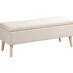 Banc coffre de rangement style scandinave piètement éffilé incliné bois hévéa tissu beige
