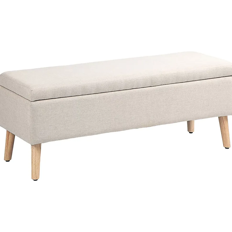 Banc coffre de rangement style scandinave piètement éffilé incliné bois hévéa tissu beige