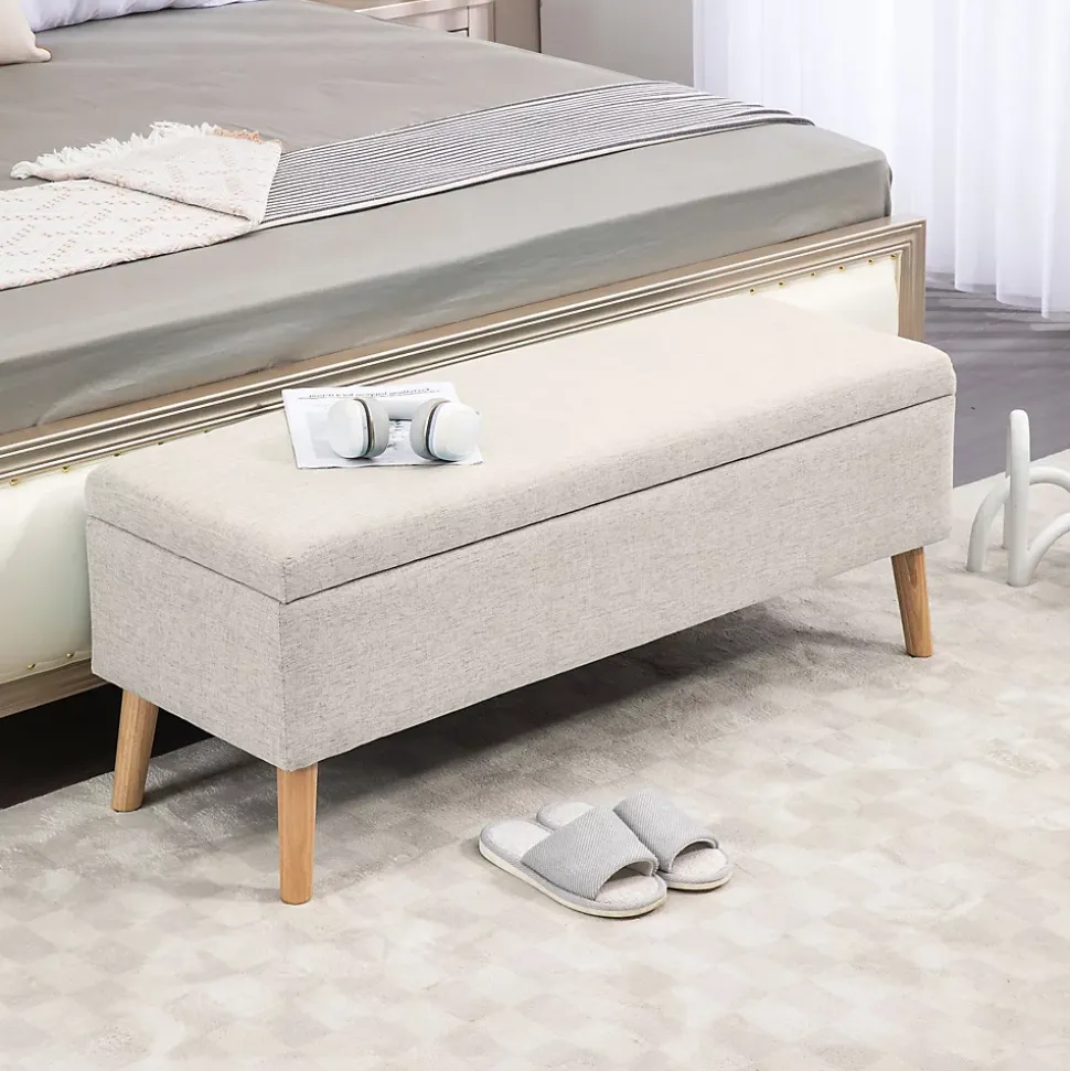 Banc coffre de rangement style scandinave piètement éffilé incliné bois hévéa tissu beige