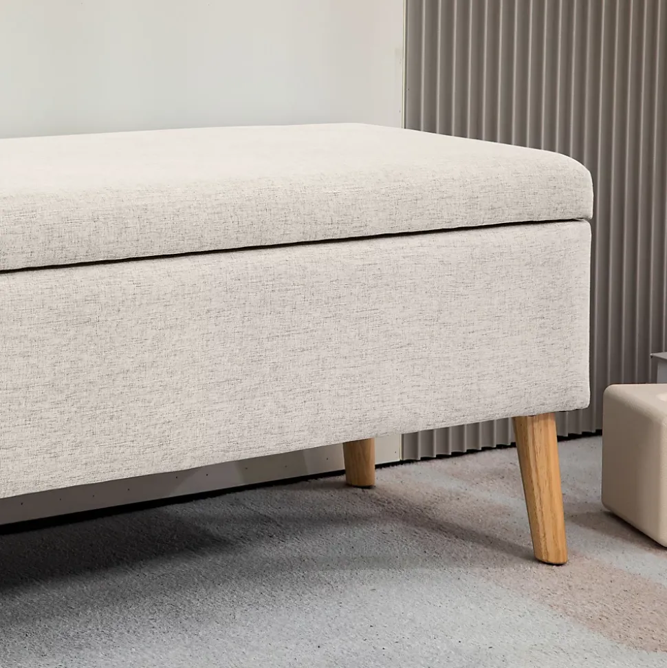 Banc coffre de rangement style scandinave piètement éffilé incliné bois hévéa tissu beige
