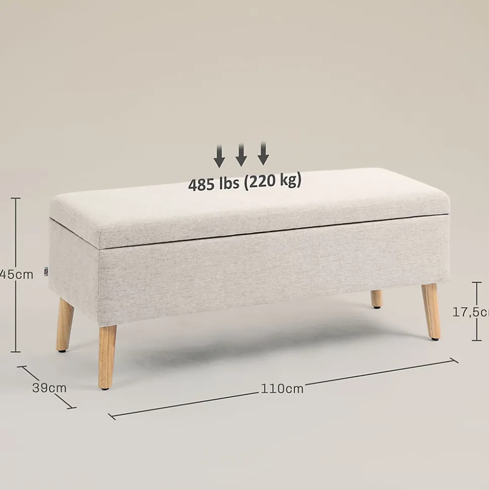 Banc coffre de rangement style scandinave piètement éffilé incliné bois hévéa tissu beige