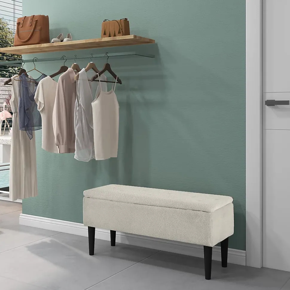 Banc coffre de rangement 2 en 1 dim. 95L x 38l x 45H cm piètement bois noir tissu blanc cassé
