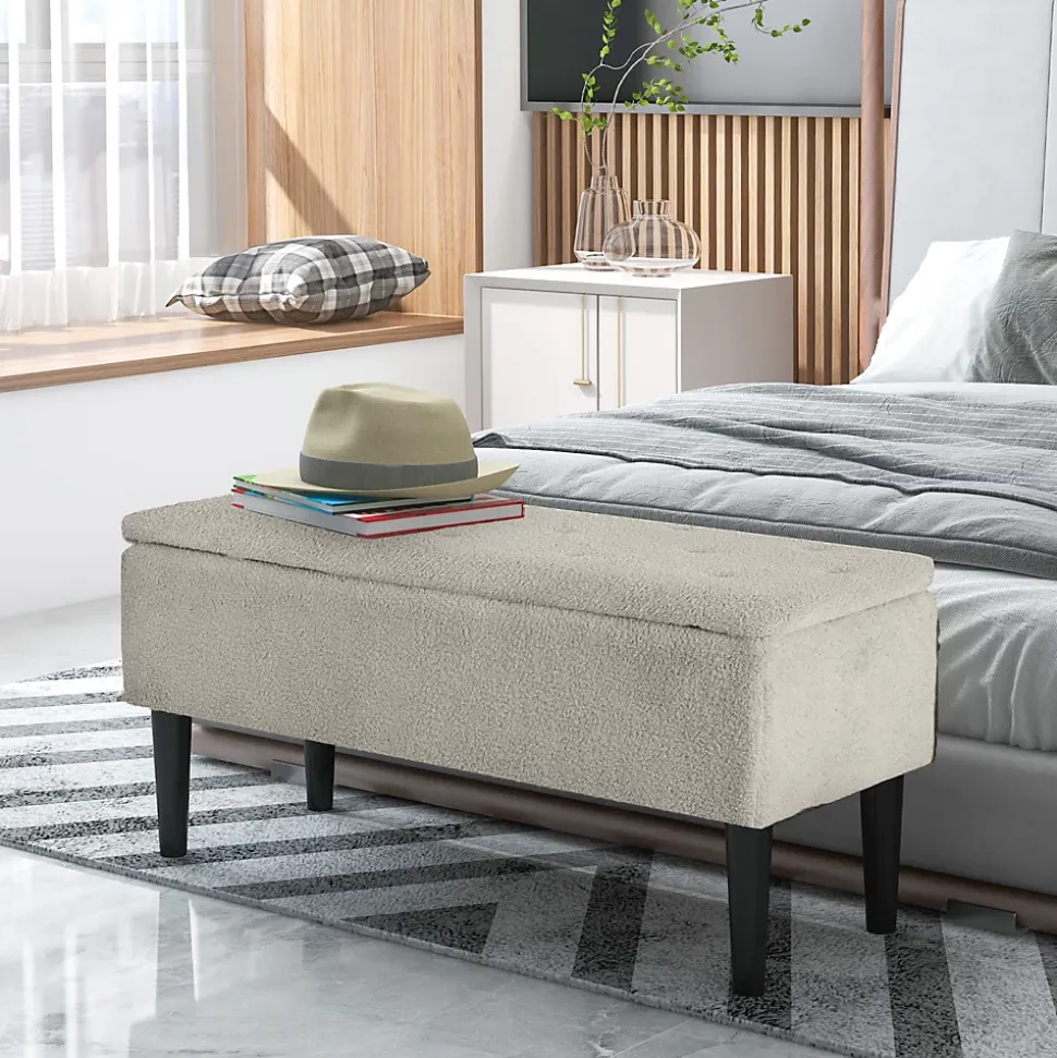 Banc coffre de rangement 2 en 1 dim. 95L x 38l x 45H cm piètement bois noir tissu blanc cassé