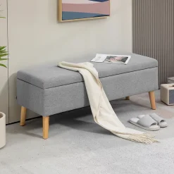 Banc coffre de rangement style scandinave piètement éffilé incliné bois hévéa tissu gris