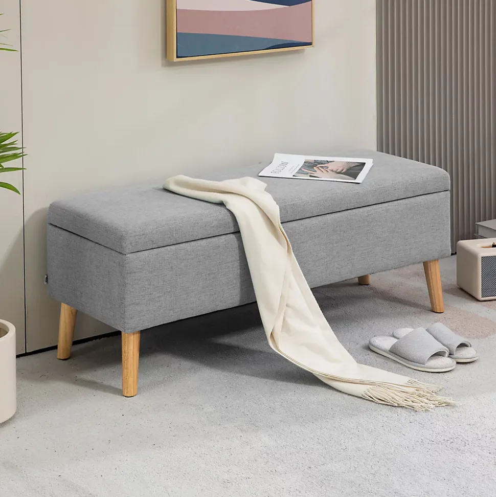 Banc coffre de rangement style scandinave piètement éffilé incliné bois hévéa tissu gris