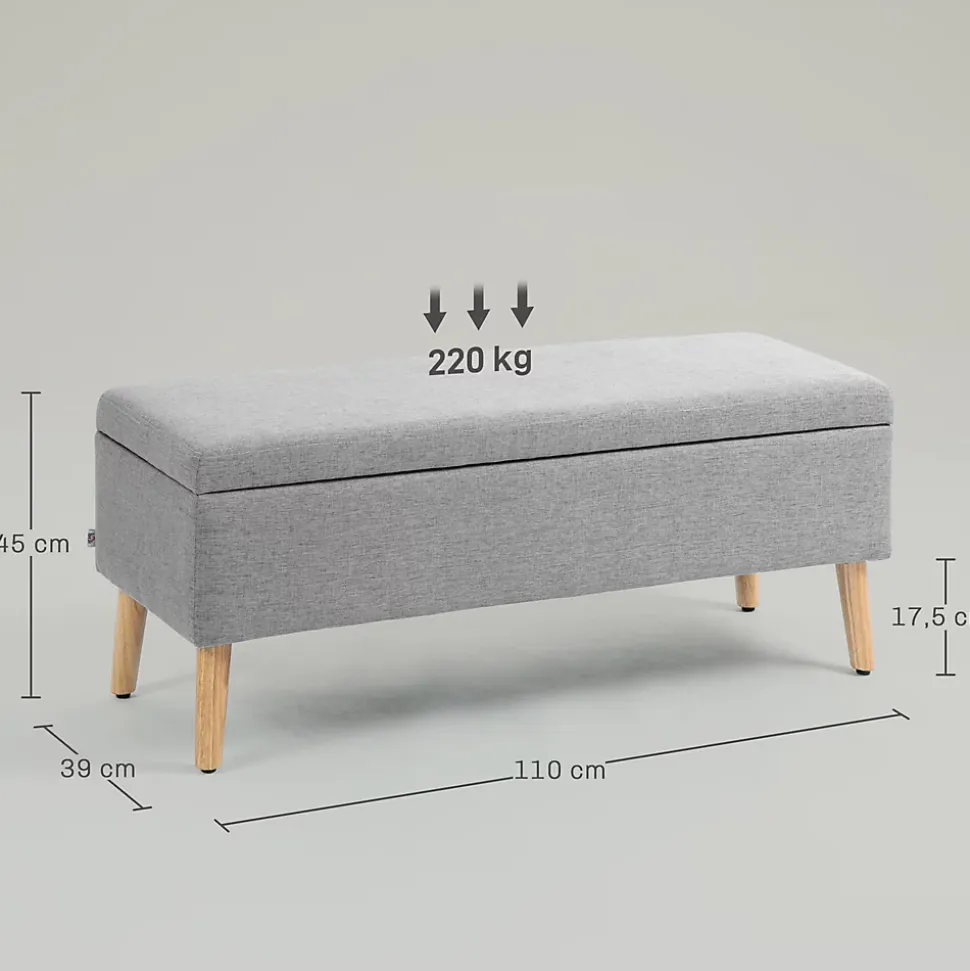 Banc coffre de rangement style scandinave piètement éffilé incliné bois hévéa tissu gris