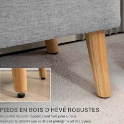 Banc coffre de rangement style scandinave piètement éffilé incliné bois hévéa tissu gris