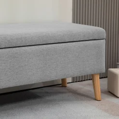 Banc coffre de rangement style scandinave piètement éffilé incliné bois hévéa tissu gris