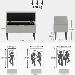Banc coffre de rangement surface effet cachemire pieds bois gris