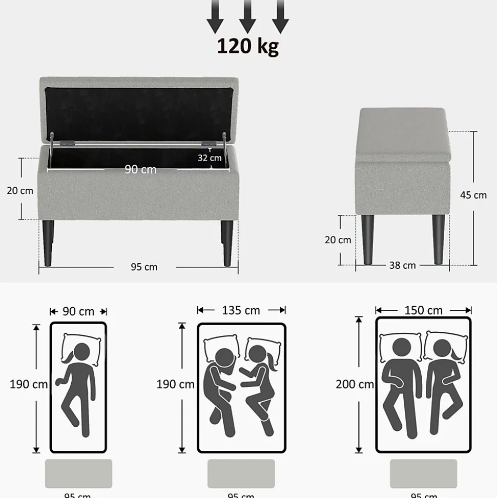 Banc coffre de rangement surface effet cachemire pieds bois gris
