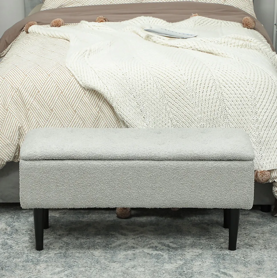 Banc coffre de rangement surface effet cachemire pieds bois gris