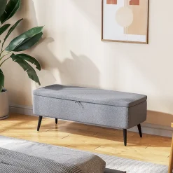 Banc coffre de rangement 2 en 1 dim. 102L x 40l x 39H cm piètement acier noir tissu gris