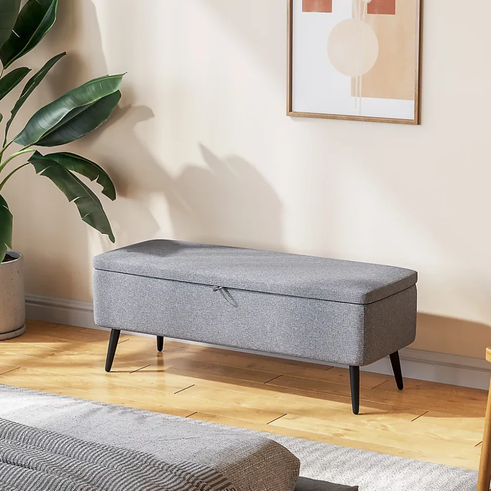 Banc coffre de rangement 2 en 1 dim. 102L x 40l x 39H cm piètement acier noir tissu gris