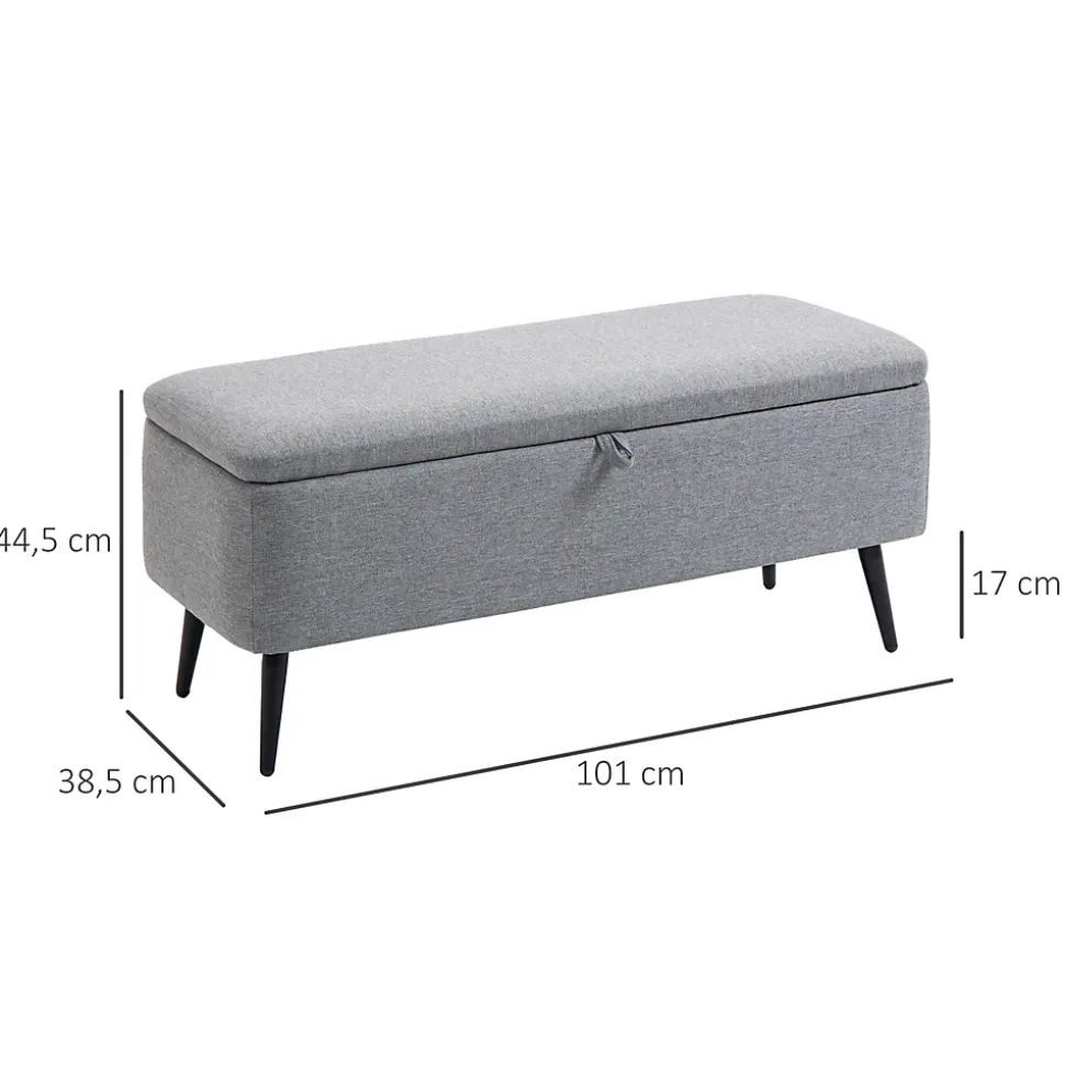Banc coffre de rangement 2 en 1 dim. 102L x 40l x 39H cm piètement acier noir tissu gris