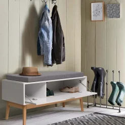 Banc coffre d'entrée chaussures LEO bois blanc