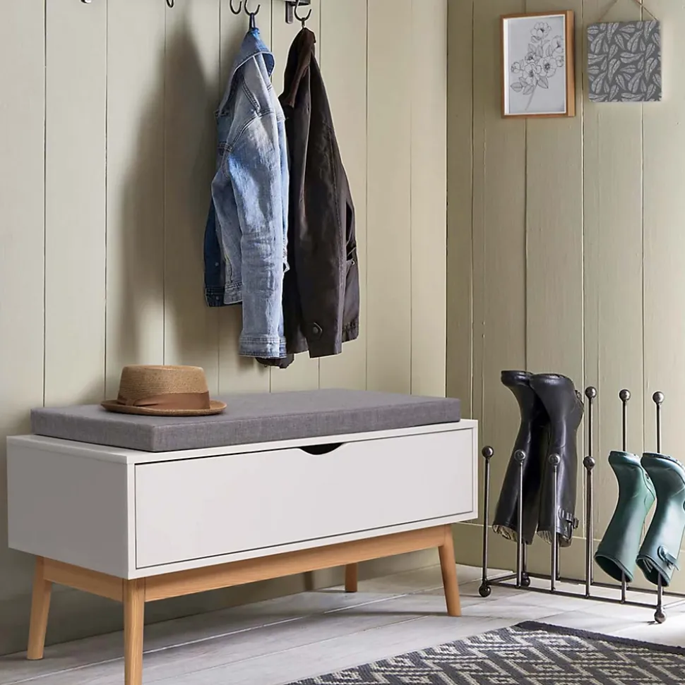 Banc coffre d'entrée chaussures LEO bois blanc