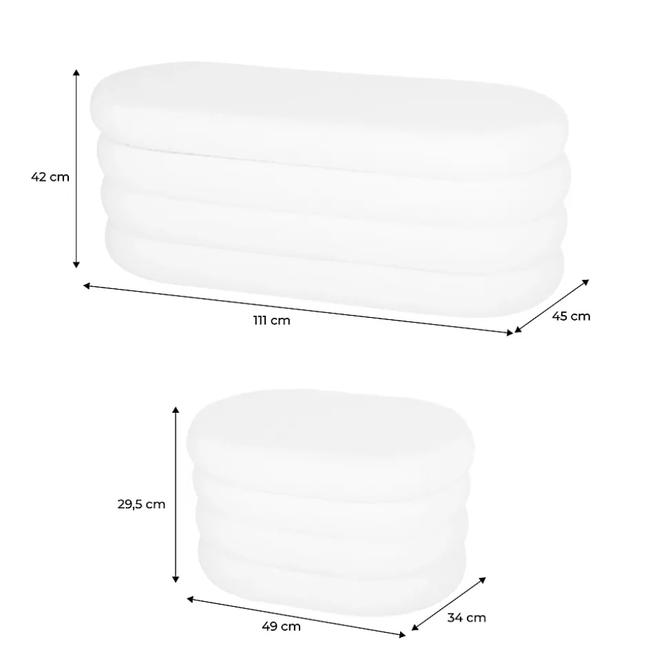 Banc coffre en bouclettes rouille avec 2 poufs ovales de rangement intégrés - L111cm