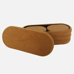 Banc coffre en bouclettes rouille avec 2 poufs ovales de rangement intégrés - L111cm