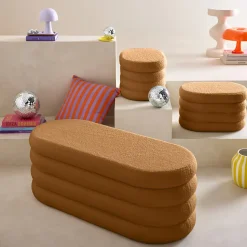 Banc coffre en bouclettes rouille avec 2 poufs ovales de rangement intégrés - L111cm