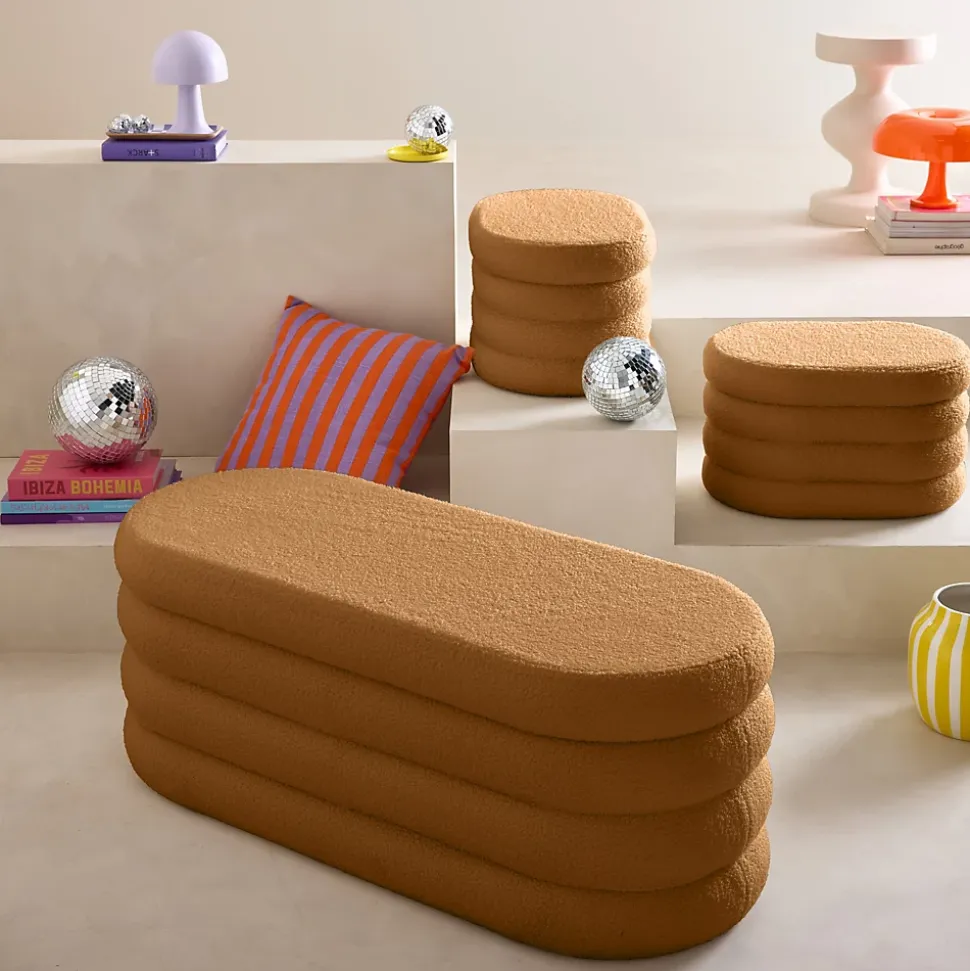 Banc coffre en bouclettes rouille avec 2 poufs ovales de rangement intégrés - L111cm