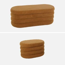 Banc coffre en bouclettes rouille avec 2 poufs ovales de rangement intégrés - L111cm