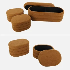 Banc coffre en bouclettes rouille avec 2 poufs ovales de rangement intégrés - L111cm