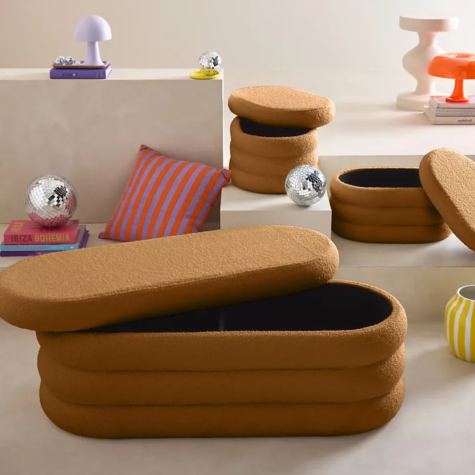 Banc coffre en bouclettes rouille avec 2 poufs ovales de rangement intégrés - L111cm