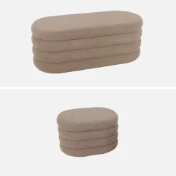 Banc coffre en bouclettes taupe avec 2 poufs ovales de rangement intégrés - L111cm